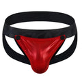 Red metallic tartarus coated jockstrap briefs with black elastic waistband and side straps front view