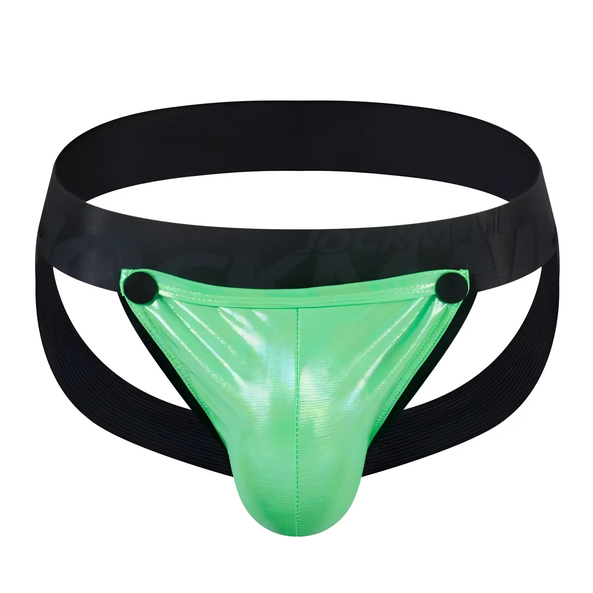 Vibrant green tartarus coated jockstrap briefs with black elastic waistband and side straps for bold support