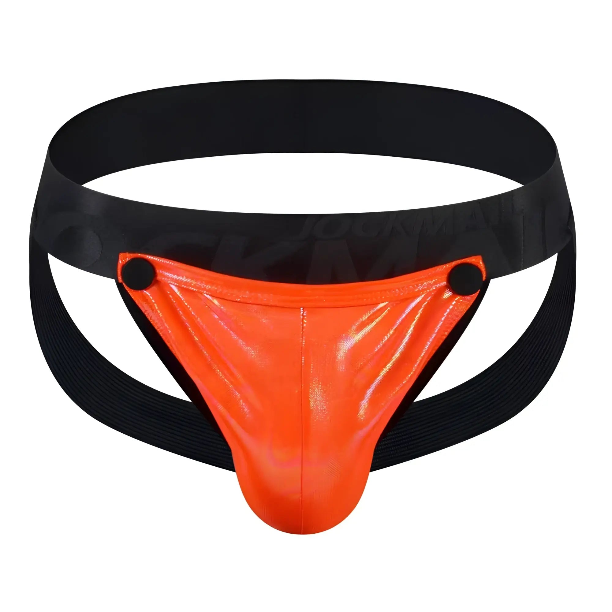 Vibrant orange shiny latex tartarus coated jockstrap with black elastic waistband and side straps