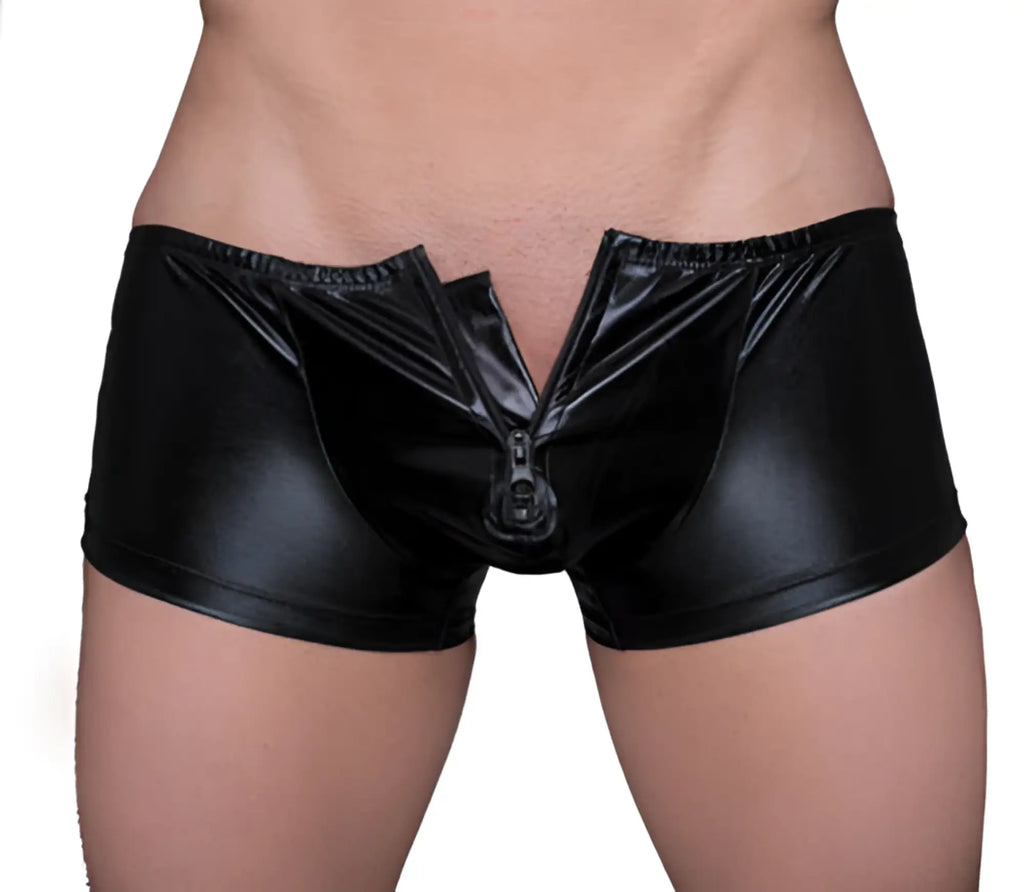 Black patent leather briefs with central front zipper tartarus coated trunk highlighting sleek design