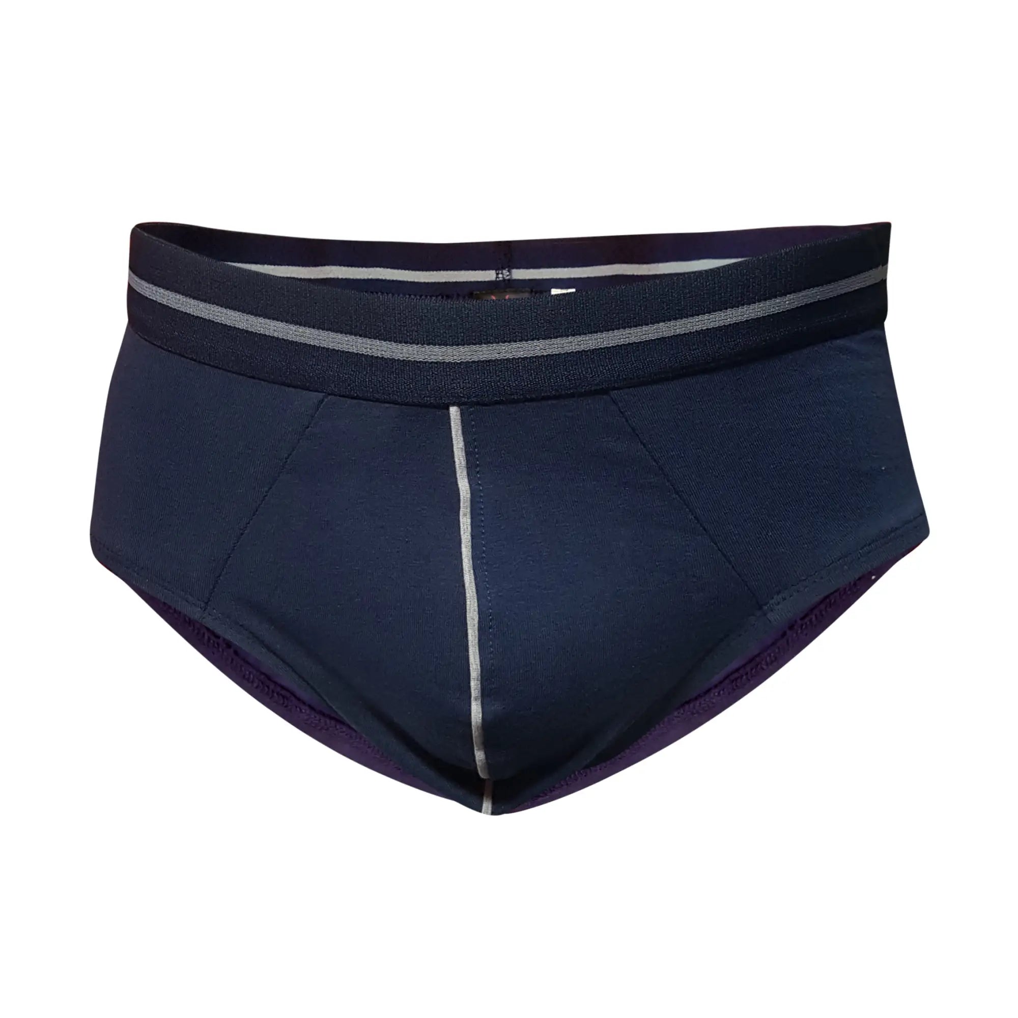 Dark navy tartarus cotton brief with textured fabric gray striped elastic waistband and silver center seam stitching
