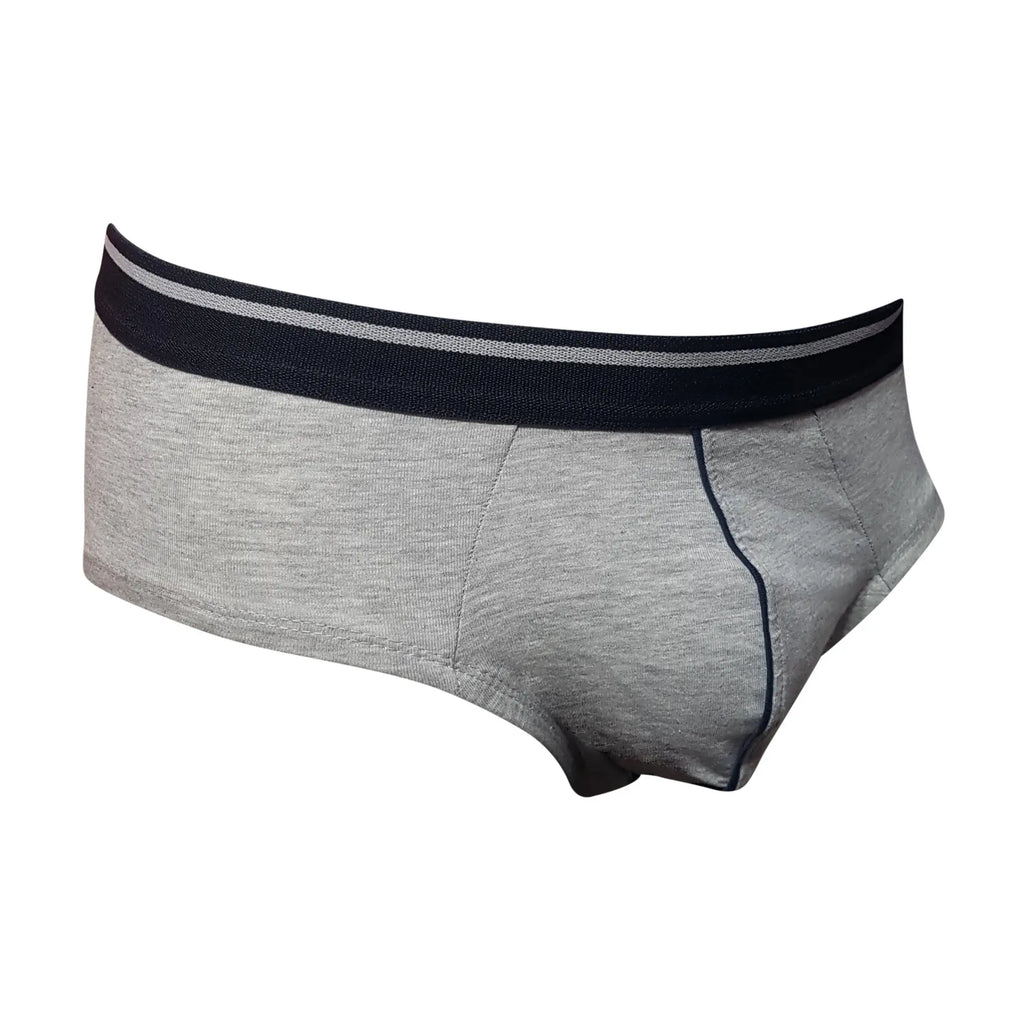 Gray heathered tartarus cotton brief with black waistband white stripe and black stitching along leg seams