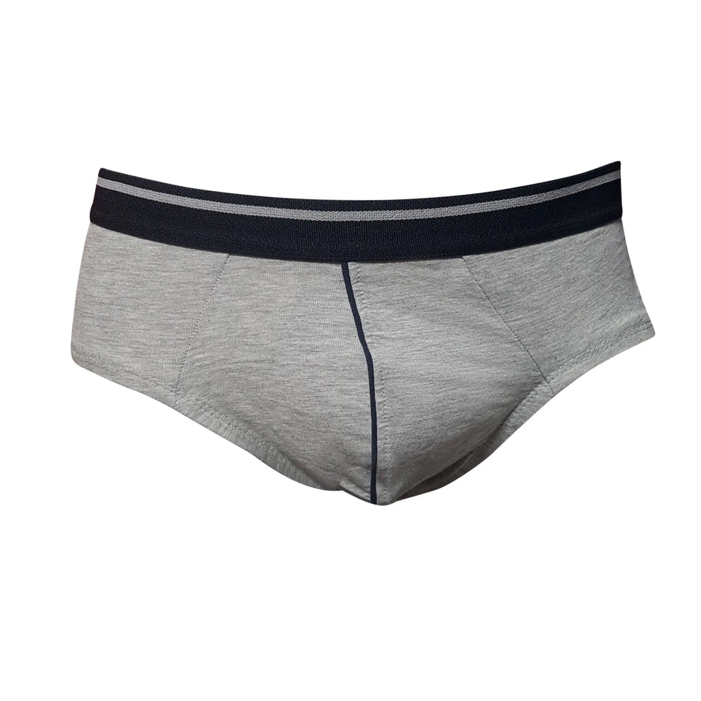 Gray heathered tartarus cotton brief with navy waistband and matching navy stitching along the center seam