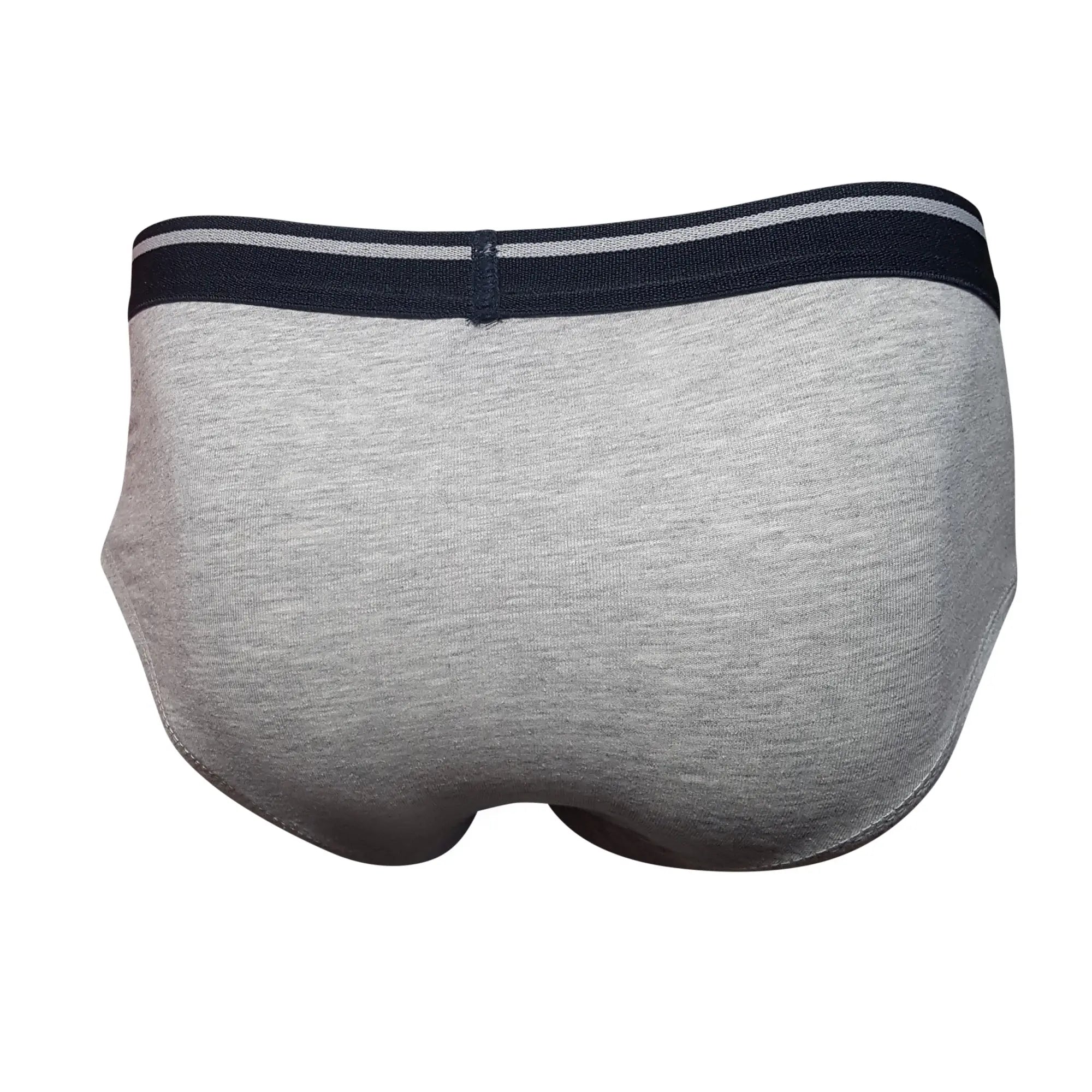 Gray heathered tartarus cotton brief with navy blue waistband and two thin white stripes for comfortable wear