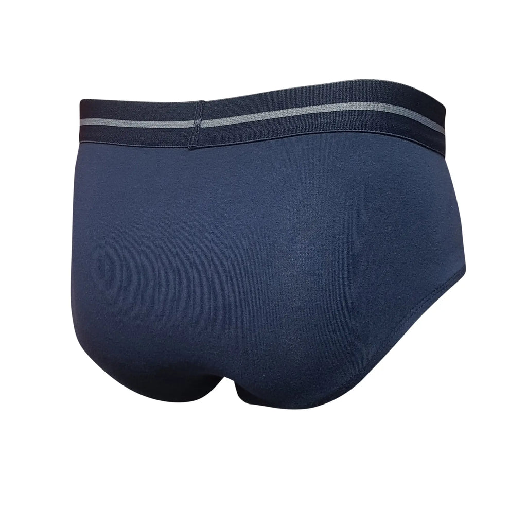 Navy blue tartarus cotton brief with a gray striped elastic waistband for comfortable everyday wear