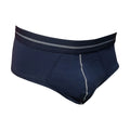 Navy blue tartarus cotton brief with a gray striped waistband and matching seam stitching front view