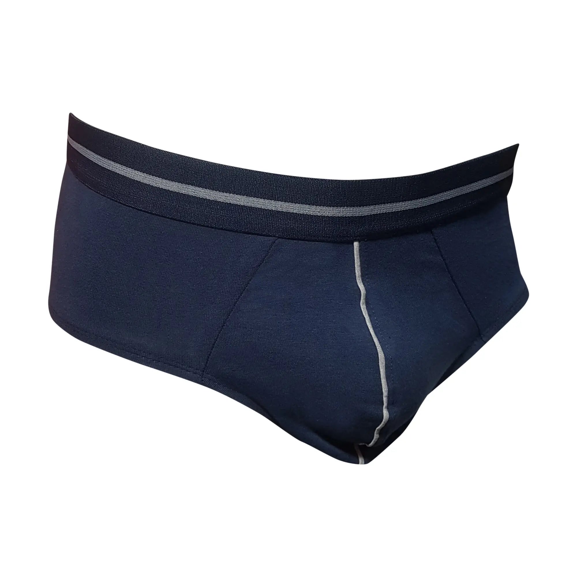 Navy blue tartarus cotton brief with a gray striped waistband and matching seam stitching front view