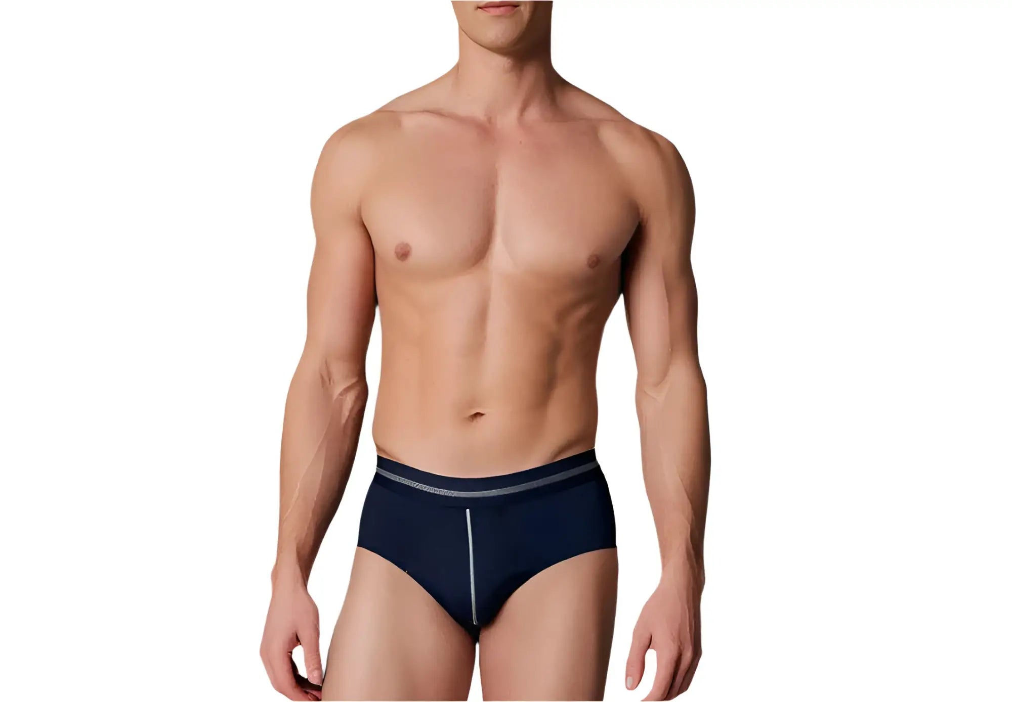Navy blue tartarus cotton brief with subtle gray waistband stripe and vertical front seam detail for comfortable wear