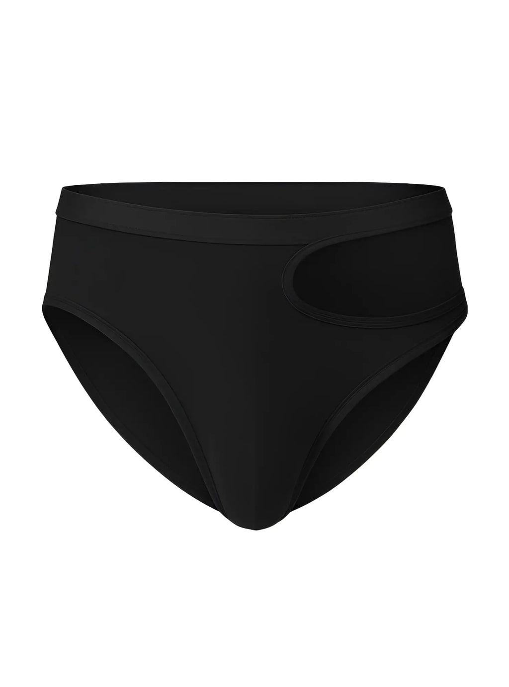 Black high-waisted tartarus cut out brief bikini bottom with sleek smooth fabric and side cutout detail