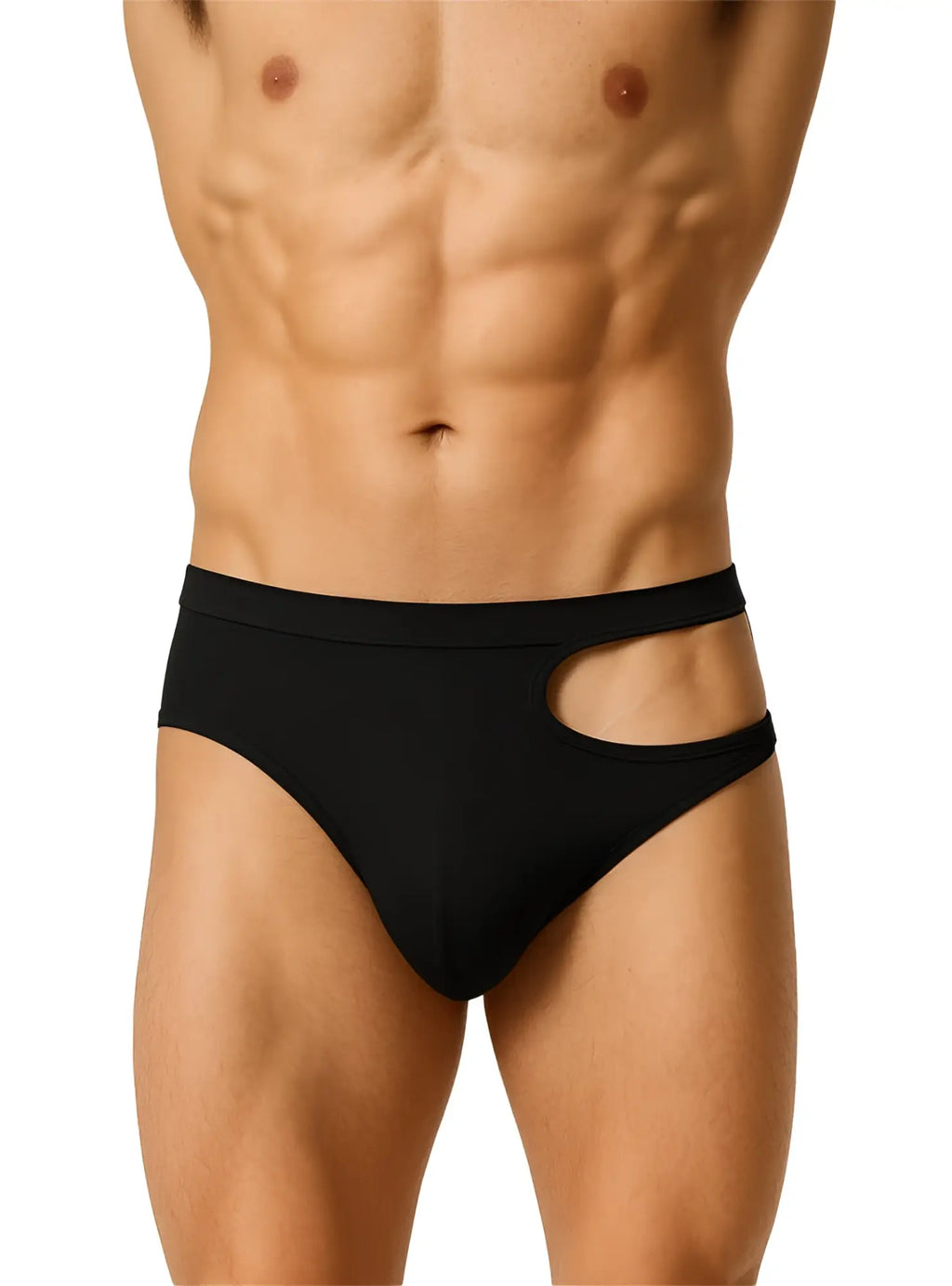 Black tartarus cut out briefs with a sleek form fitting design featuring cut out details for stylish comfort