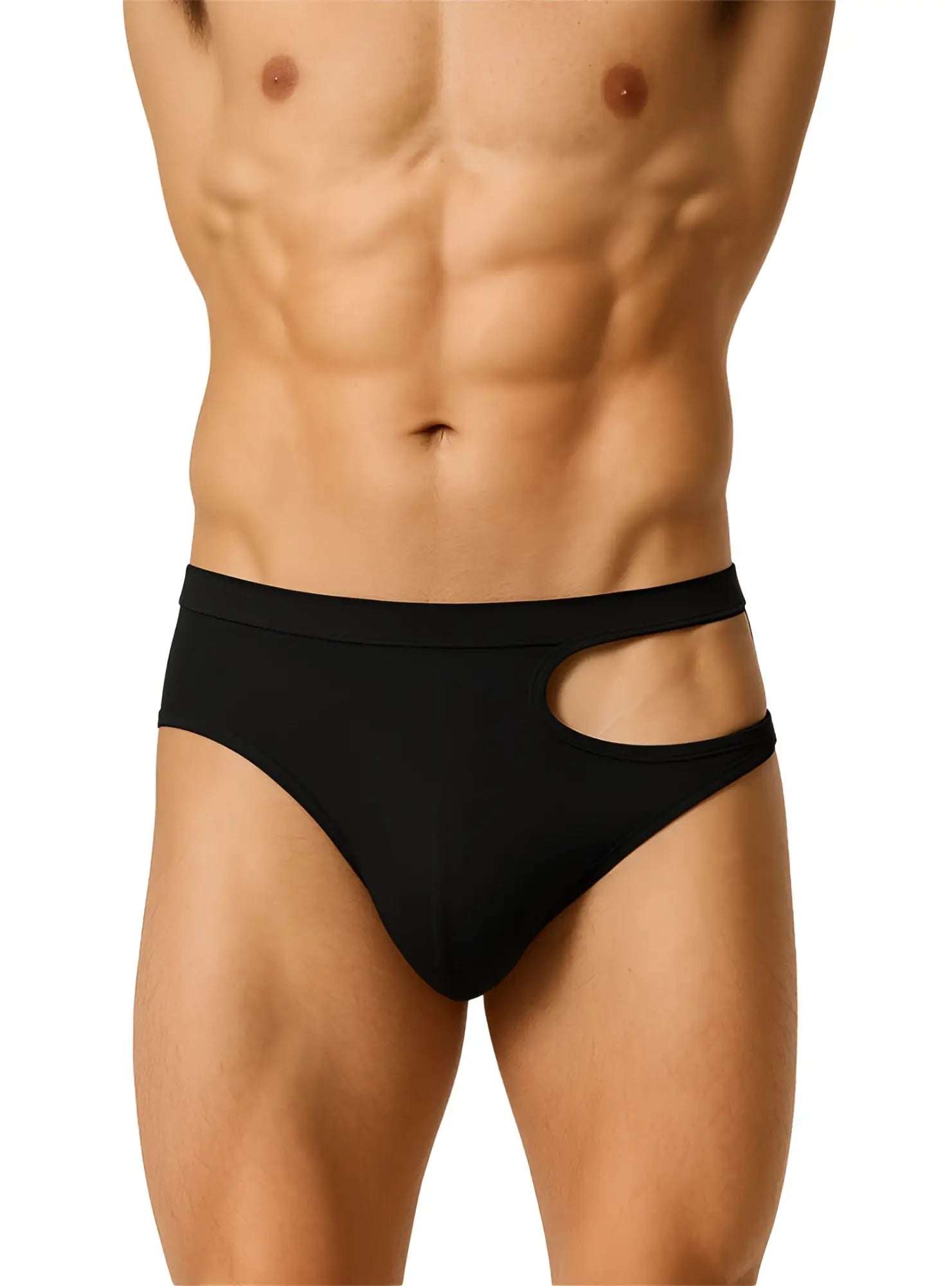 Black tartarus cut out briefs with a sleek form fitting design featuring cut out details for stylish comfort