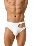 White tartarus cut out brief with form-fitting fabric and distinctive side cutout design for comfortable wear