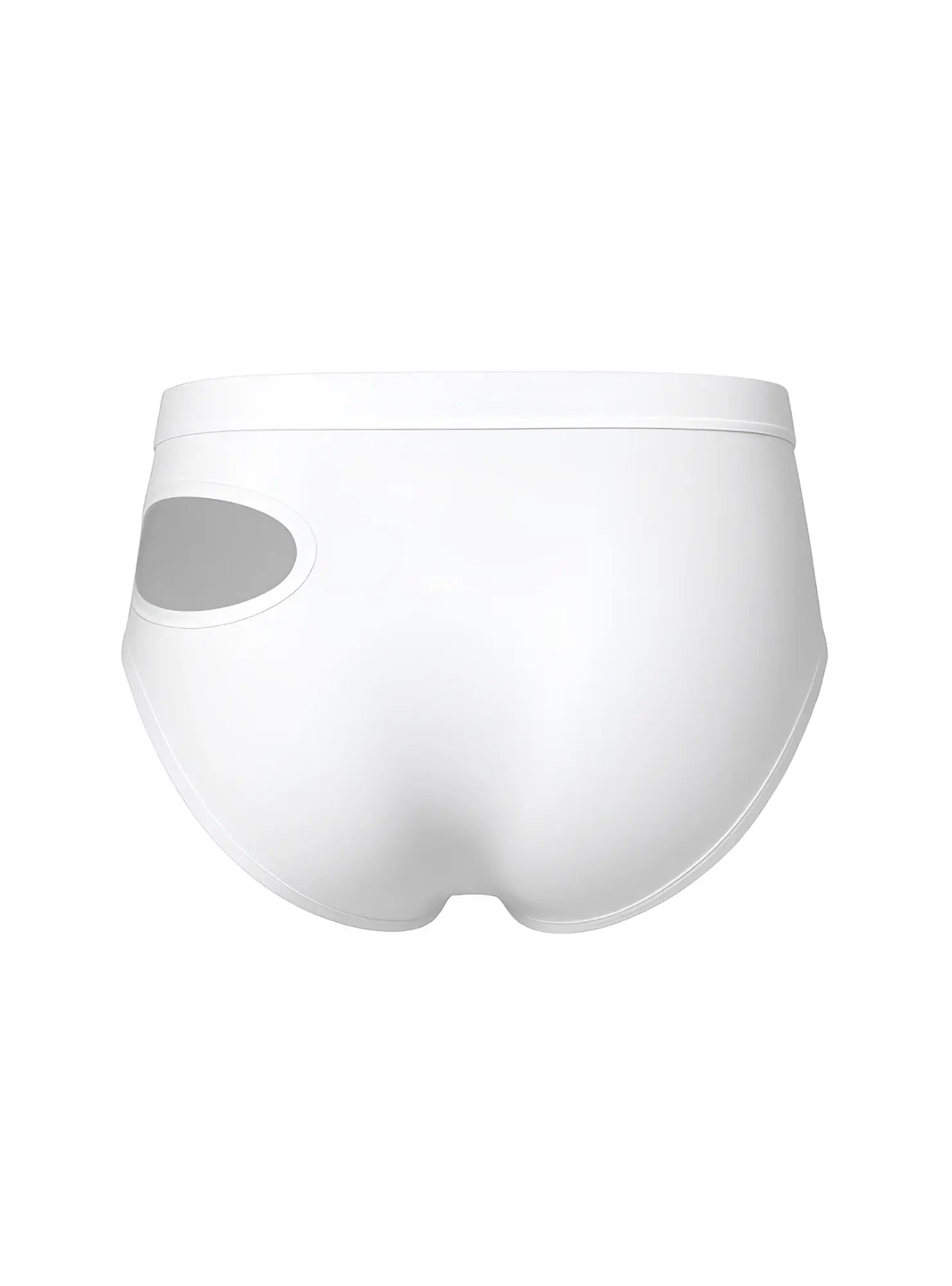 White briefs with a gray oval cutout on the side from the tartarus cut out brief collection
