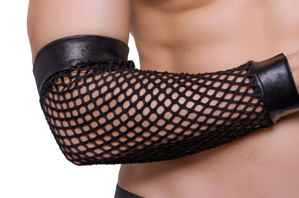 Black fishnet elbow-length arm warmer with faux leather cuffs fish net arm band for edgy fashion accessory