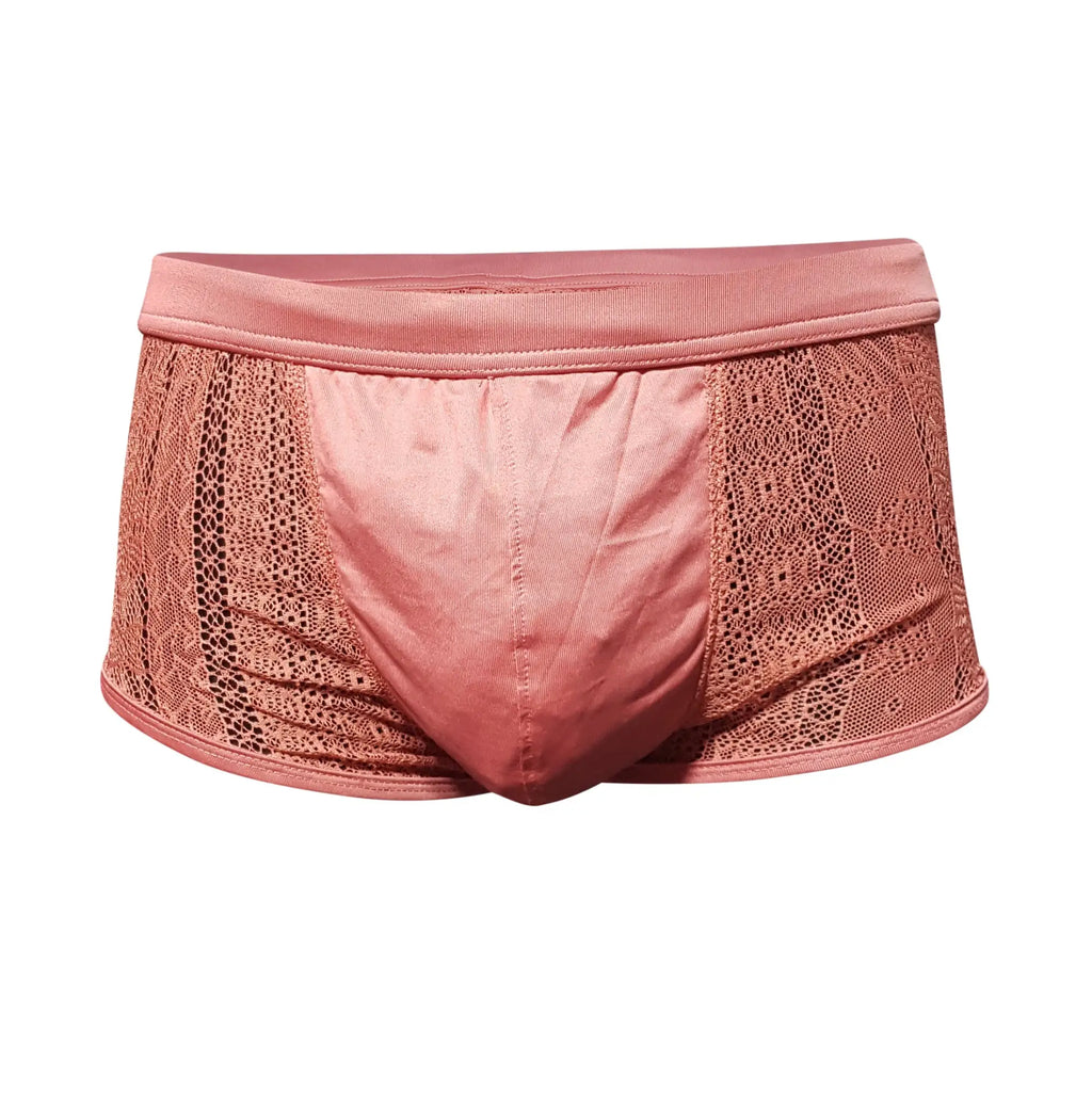 Pink tartarus lace boyshort briefs featuring lace trim satin-like central panel and ribbed waistband