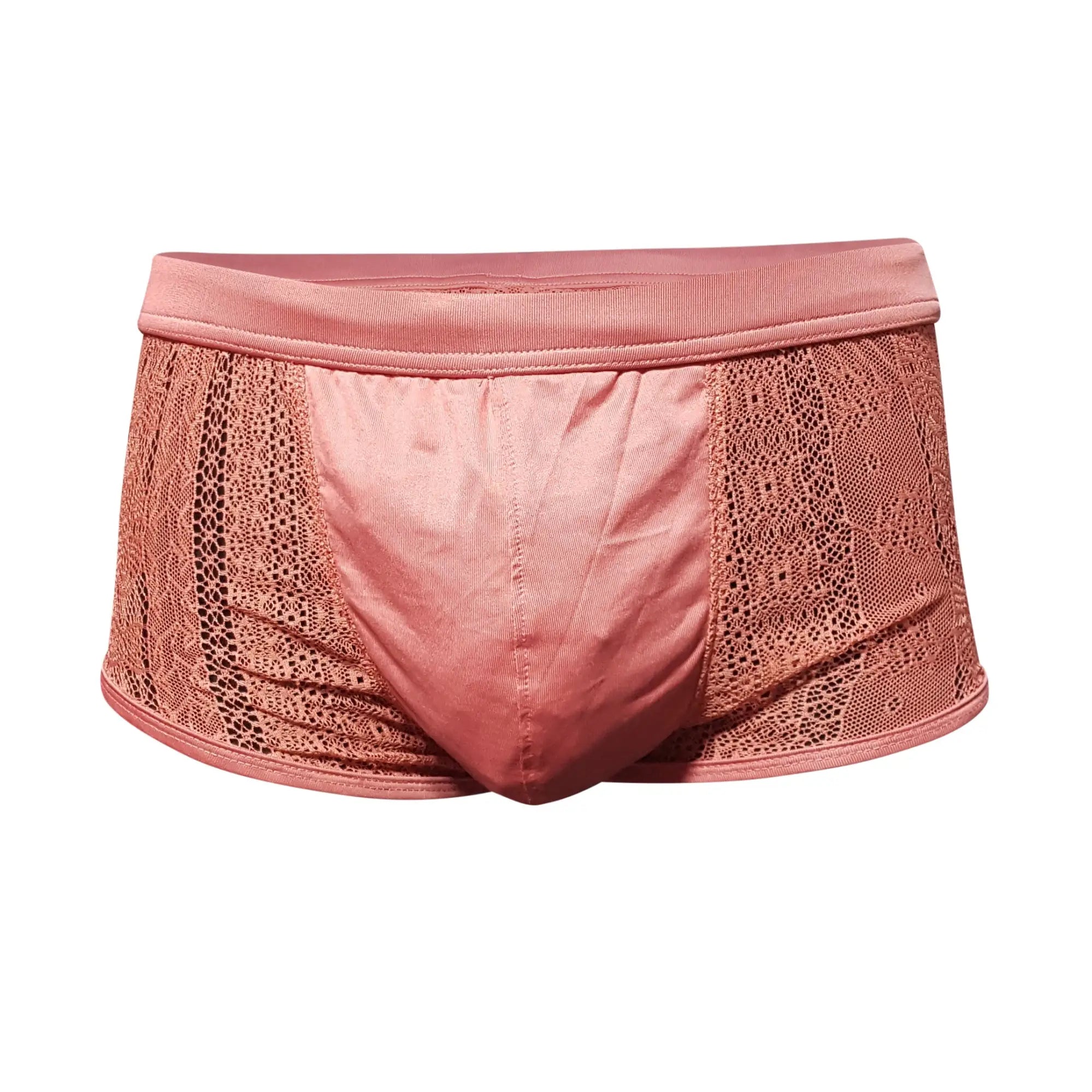 Pink tartarus lace boyshort briefs featuring lace trim satin-like central panel and ribbed waistband