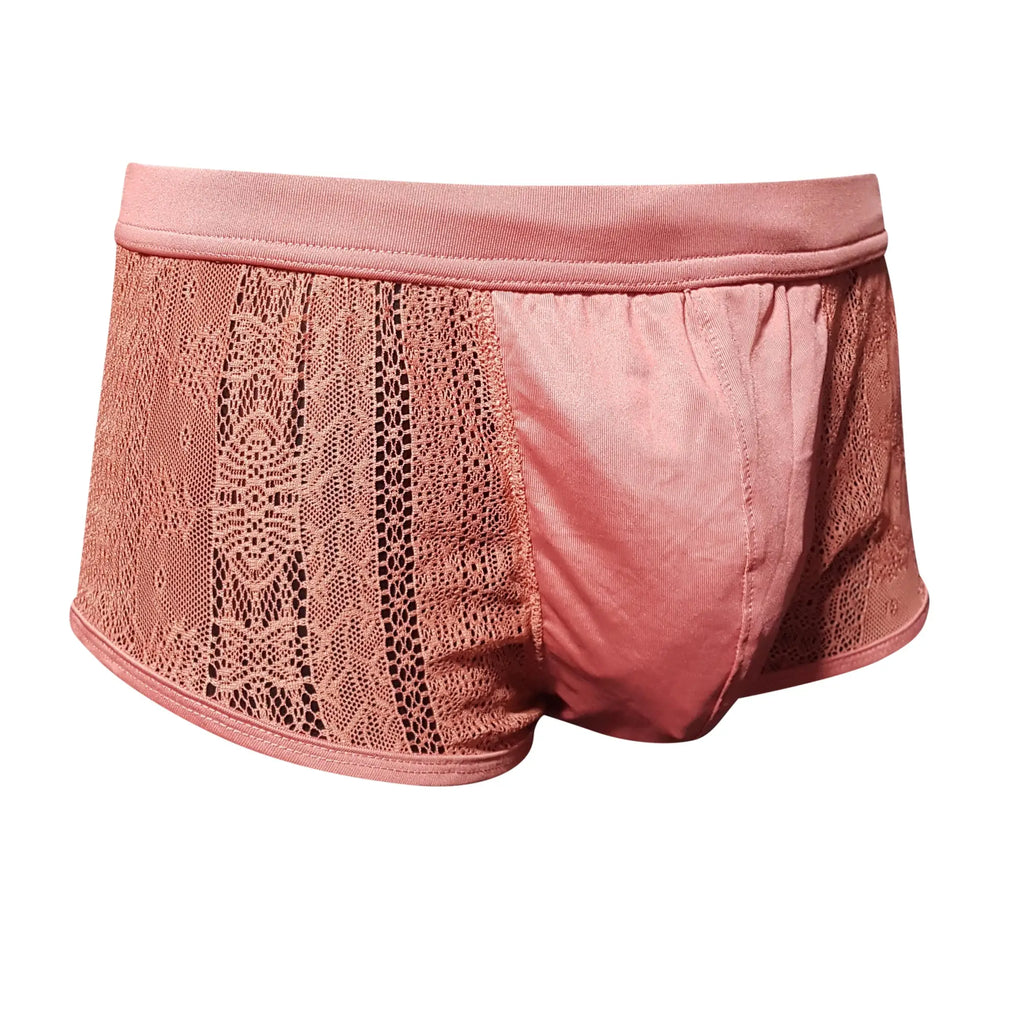 Pink tartarus lace boyshort briefs with lace trim and a smooth satin panel on the right side
