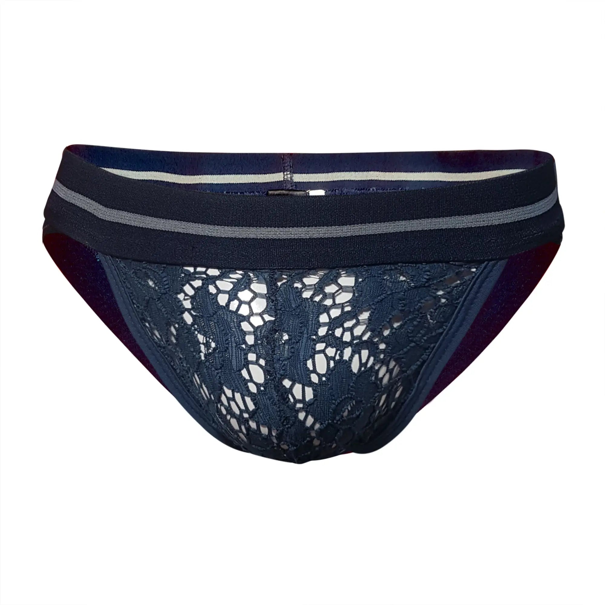 Dark navy tartarus lace brief with striped elastic waistband and delicate lace material for comfortable wear