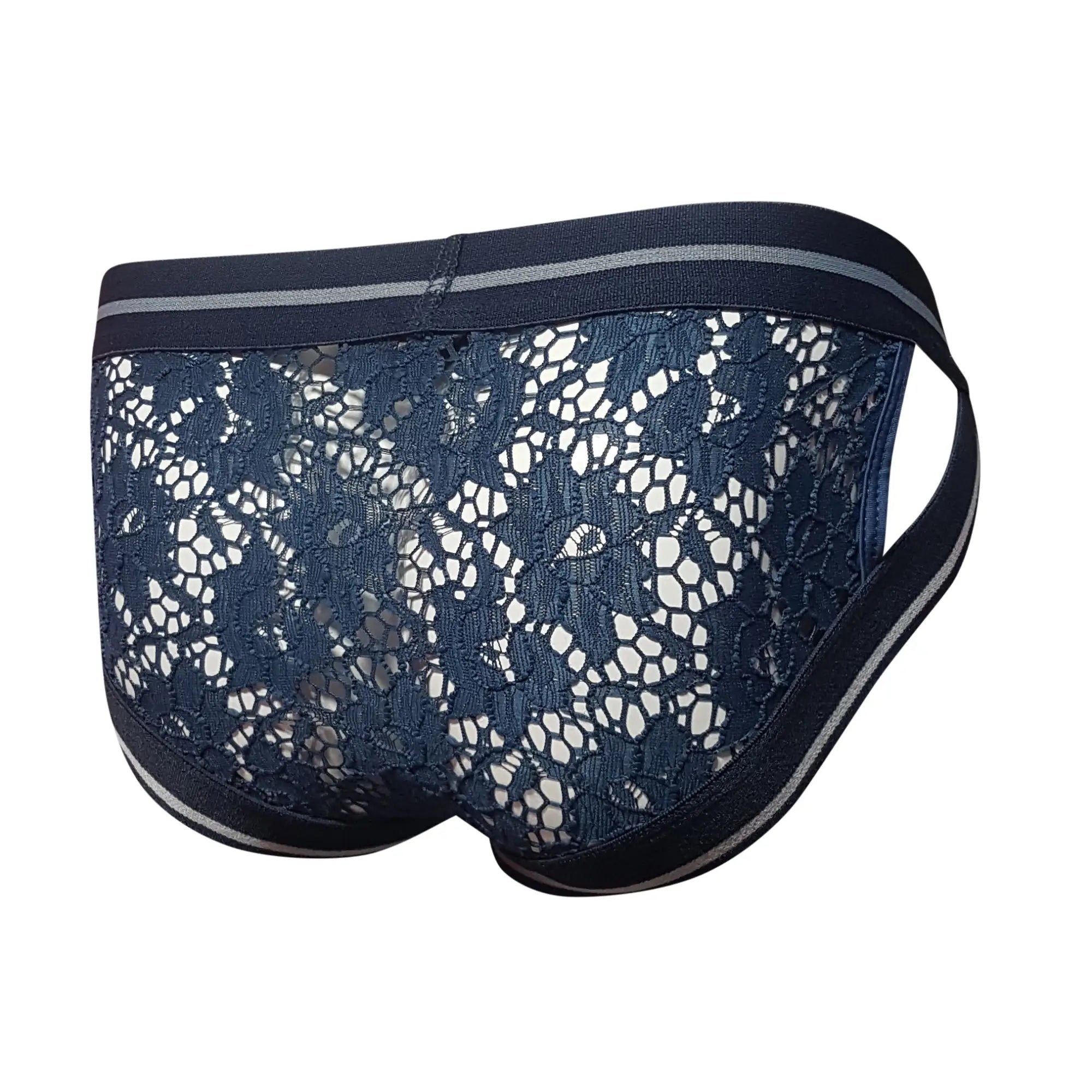 Navy blue tartarus lace brief with white floral pattern and gray trim along waistband and leg openings