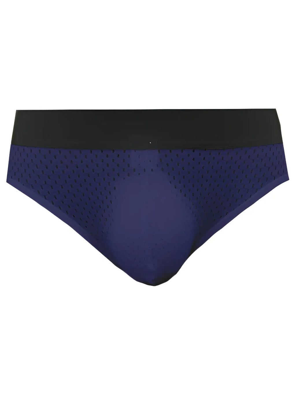 Navy blue mesh tartarus mesh jock briefs with black elastic waistband showing front side