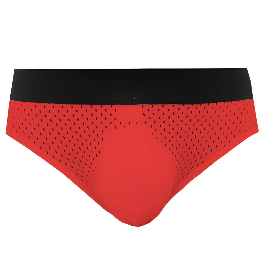 Red mesh briefs tartarus mesh jock with black waistband made of breathable mesh fabric