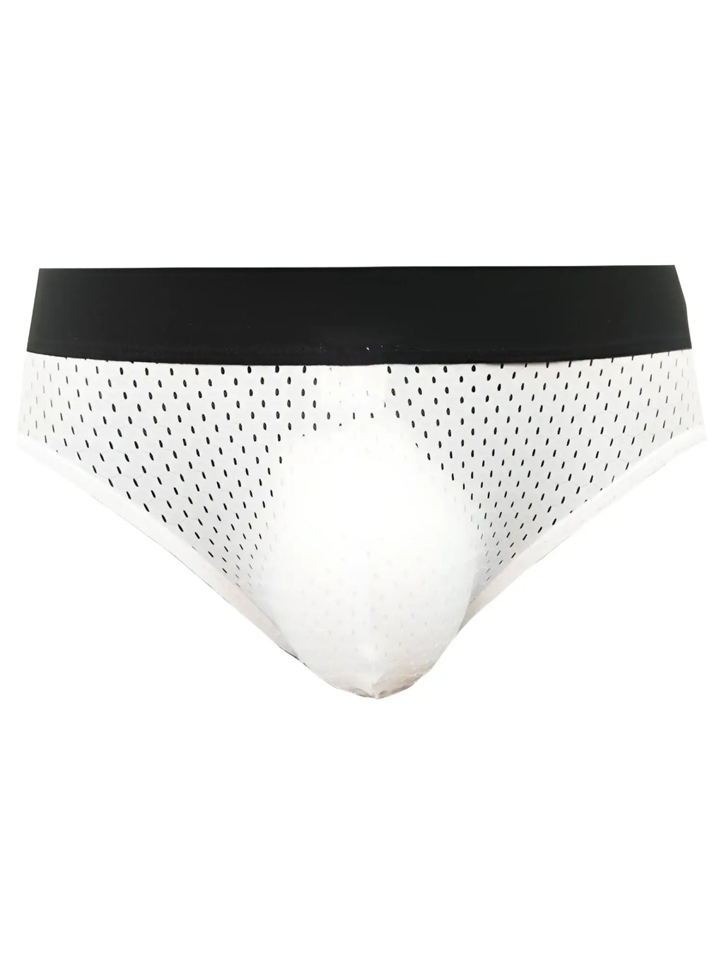 White mesh briefs with black elastic waistband from Tartarus Mesh Jock showing front view