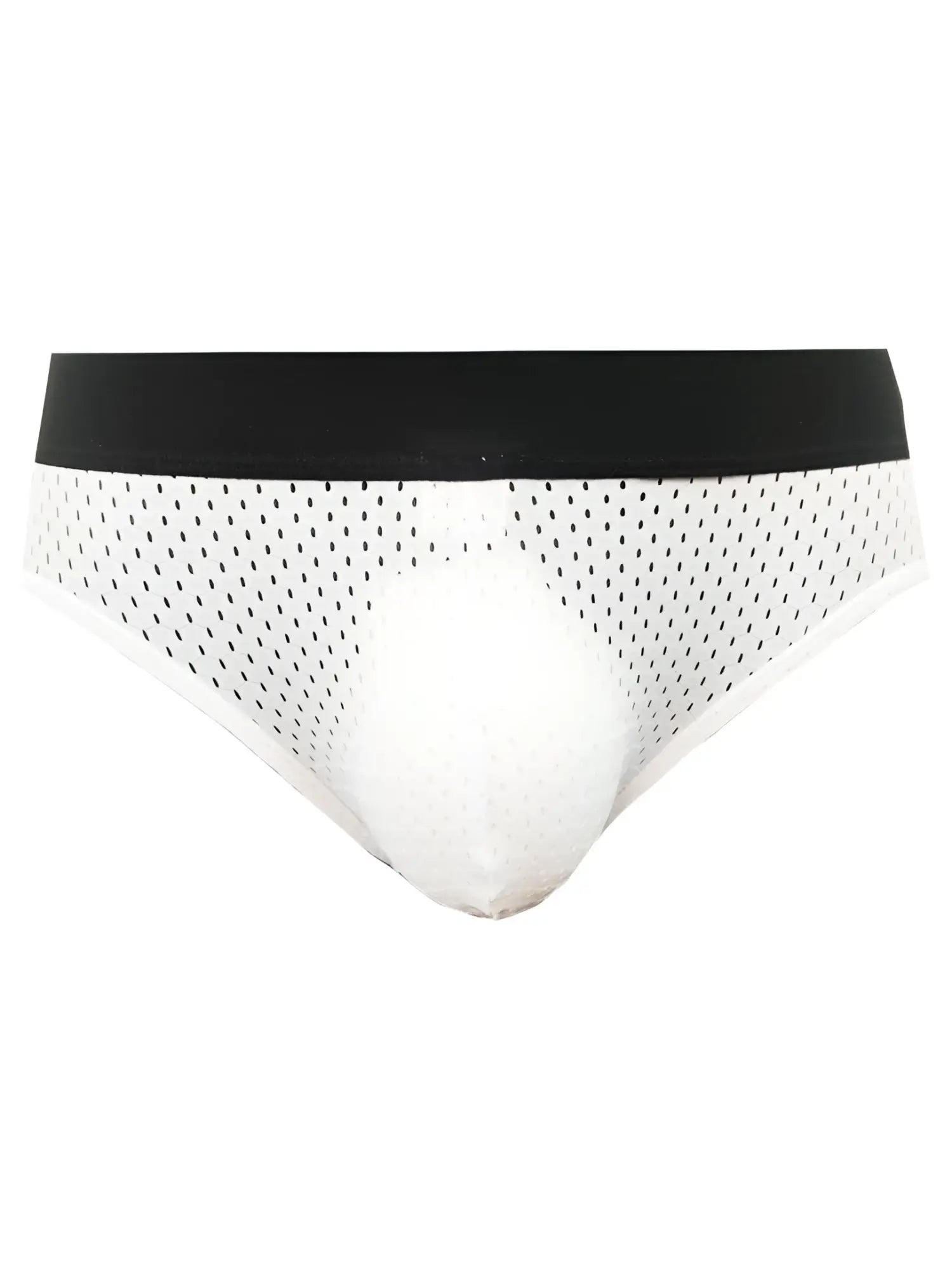 White mesh briefs with black elastic waistband from Tartarus Mesh Jock showing front view