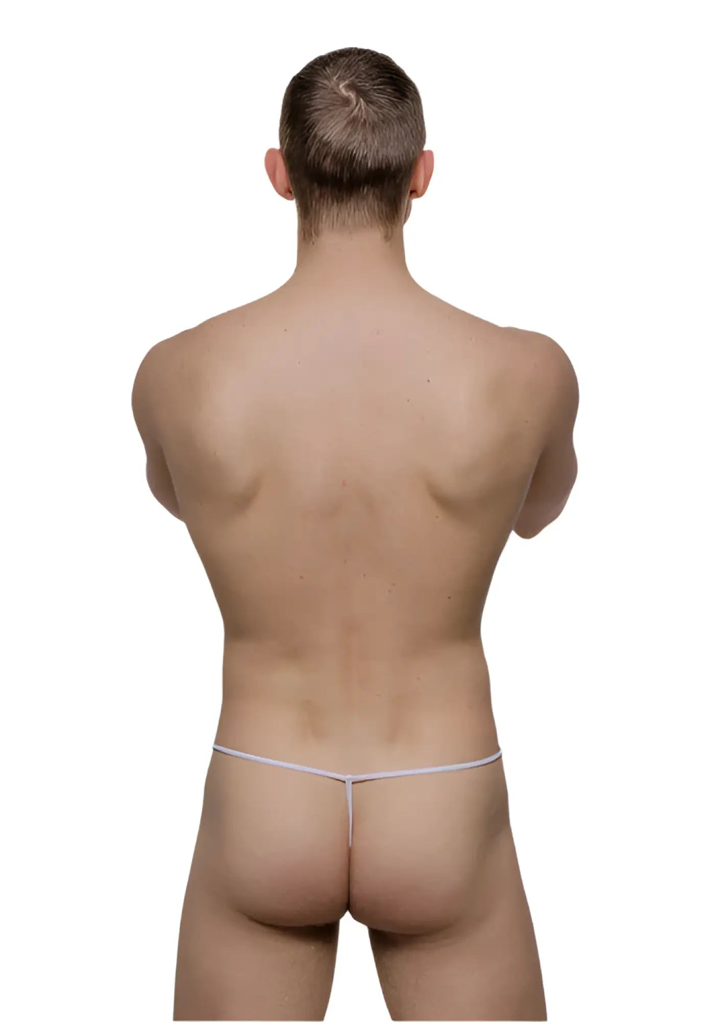 White tartarus mesh thong featuring a thin seamless fabric band shown from the back side