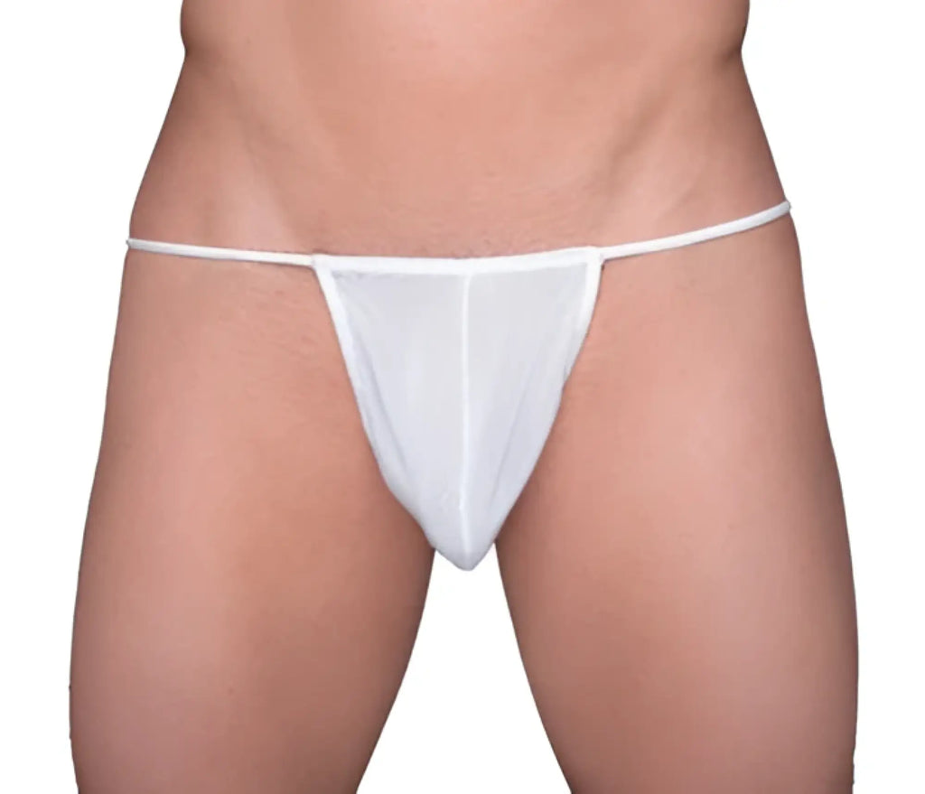 White mesh tartarus thong with thin straps showing back side for comfortable everyday wear