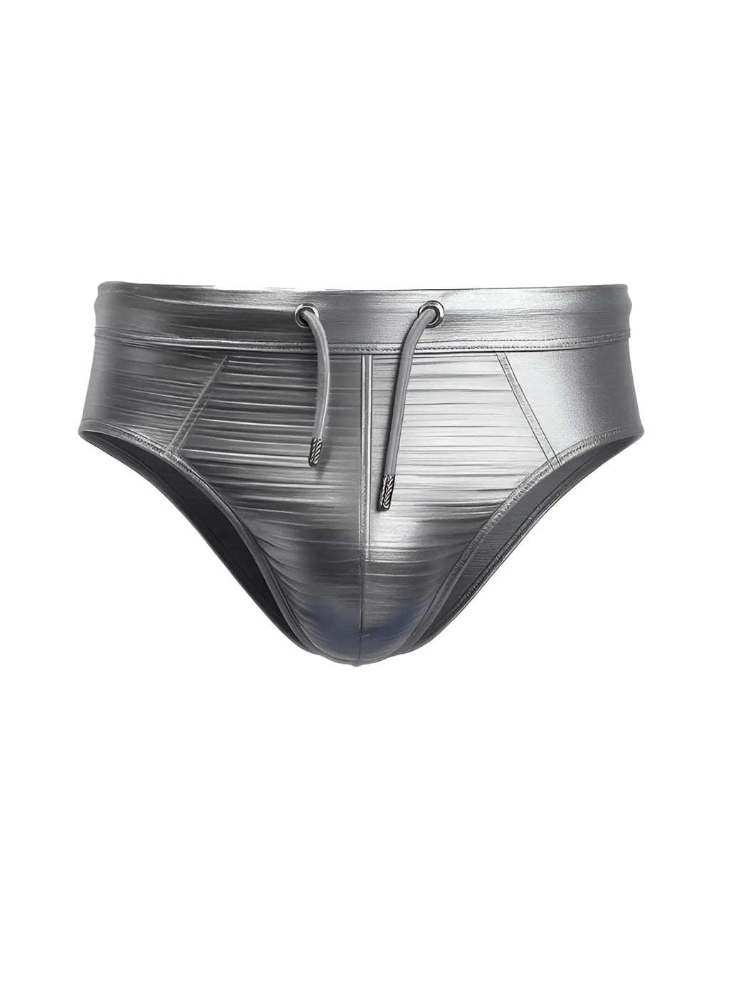 Shiny metallic silver swim trunks tartarus metallic brief with textured ribbed pattern and matching drawstrings