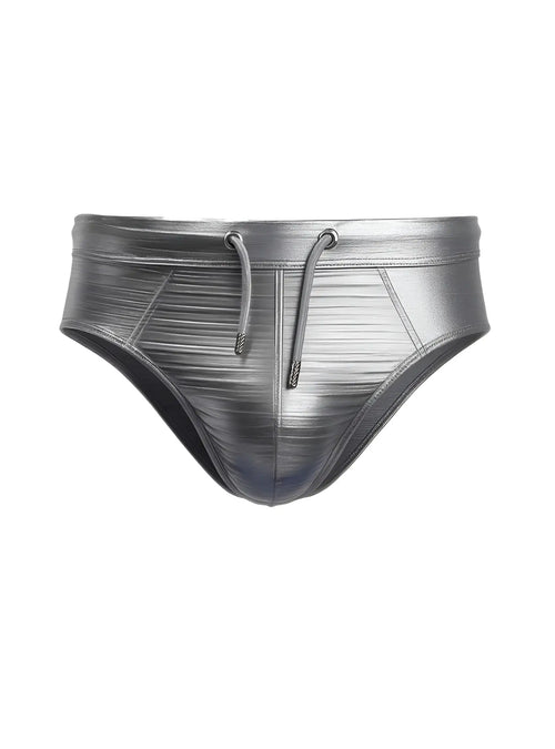 Shiny metallic silver swim trunks tartarus metallic brief with textured ribbed pattern and matching drawstrings