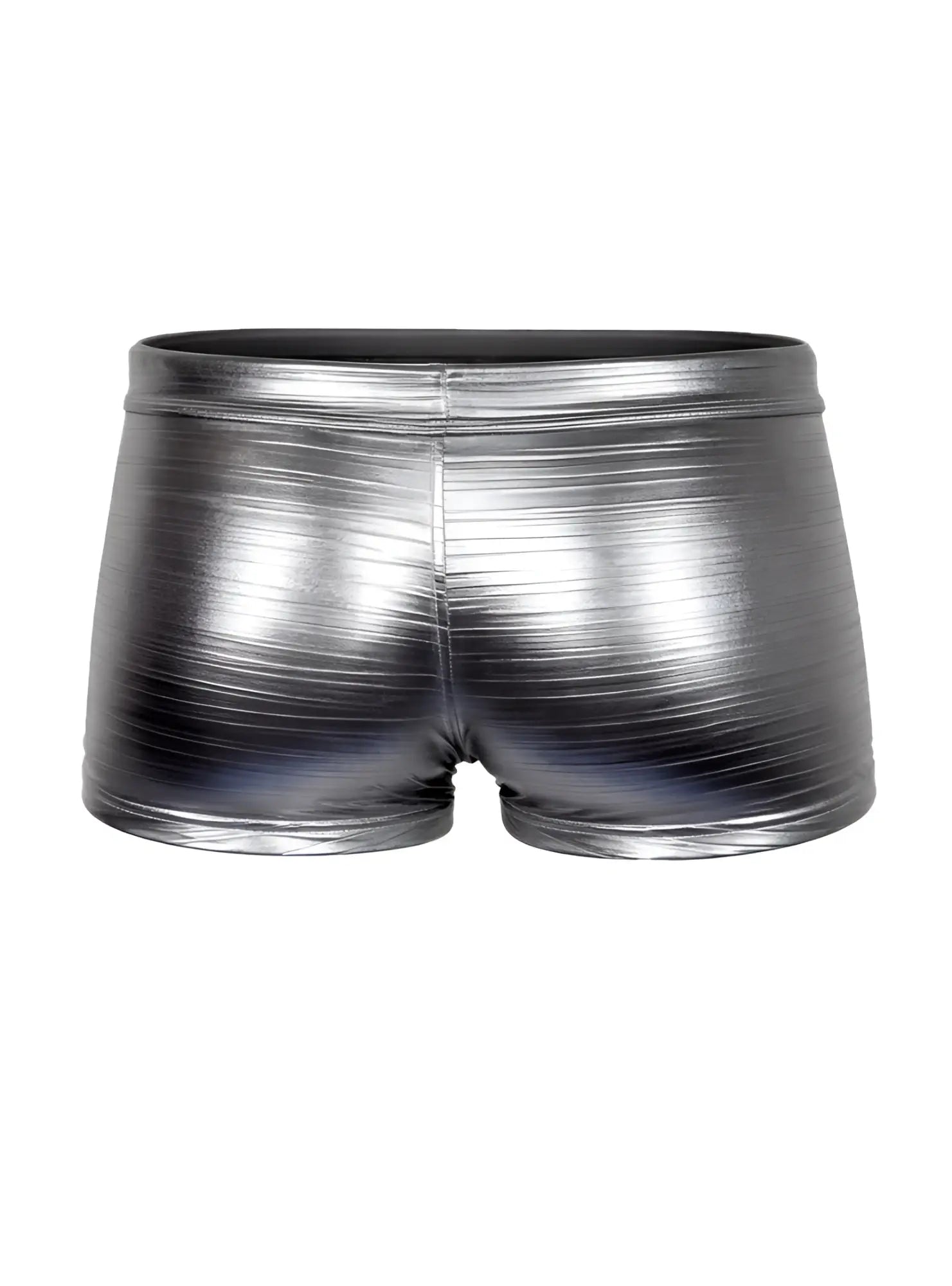 Tartarus metallic trunk shiny silver shorts with a sleek reflective finish and subtle horizontal ribbing