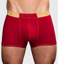 Red tartarus monaco trunk boxer briefs with gold horseshoe waistband and matching red stitching