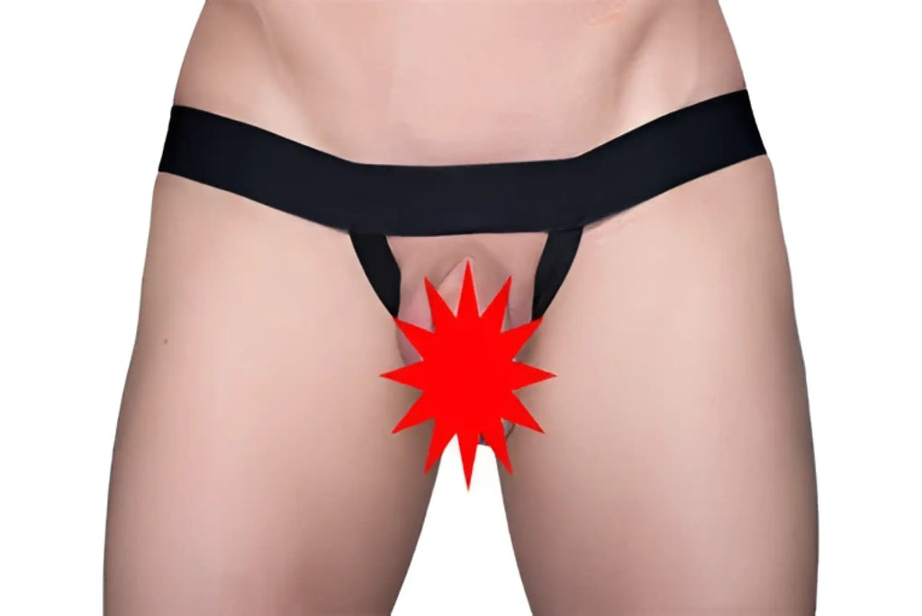 Black thong tartarus ring g-string featuring a red starburst graphic on the front for bold lingerie style