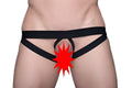 Black thong jock named tartarus ring featuring a red starburst graphic on the front center