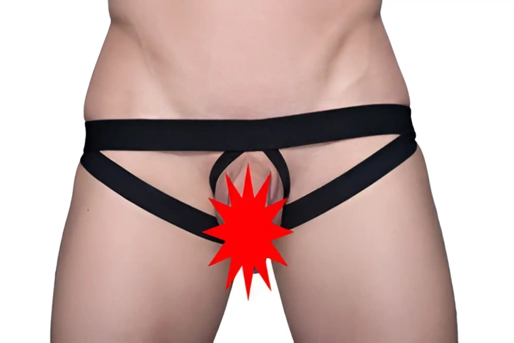 Black thong jock named tartarus ring featuring a red starburst graphic on the front center