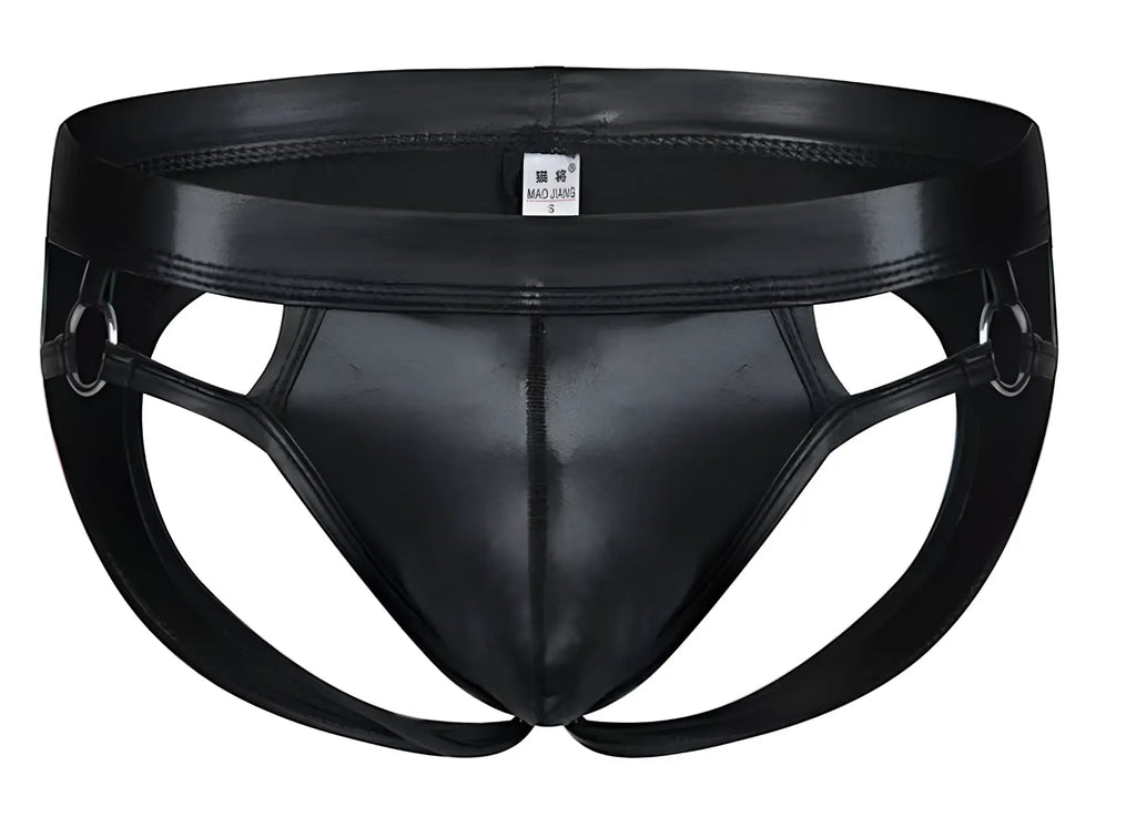 Black patent leather tartarus ring jockstrap briefs with silver metal harness rings on the sides