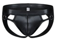Black patent leather tartarus ring jockstrap briefs with silver metal harness rings on the sides