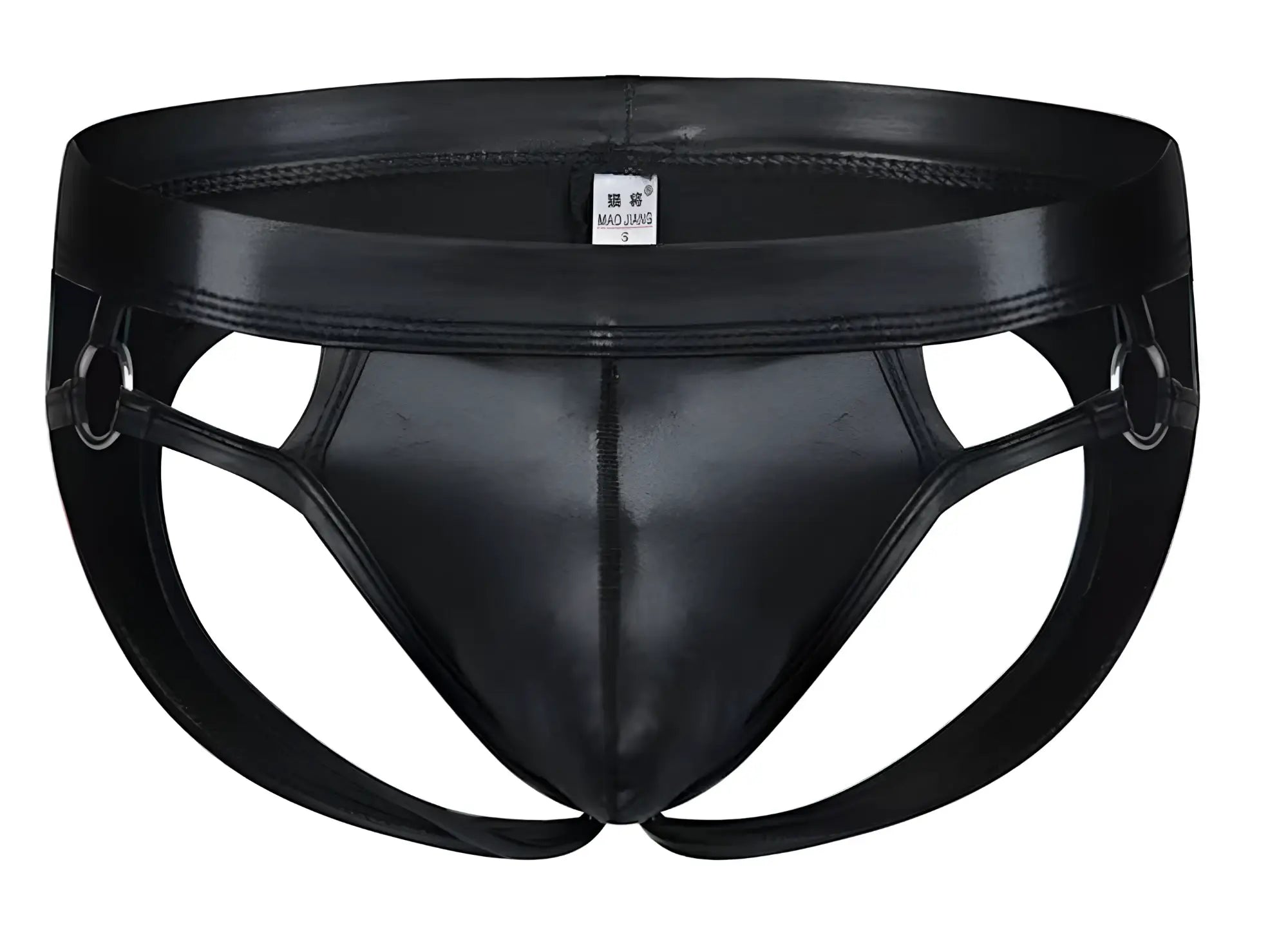 Black patent leather tartarus ring jockstrap briefs with silver metal harness rings on the sides