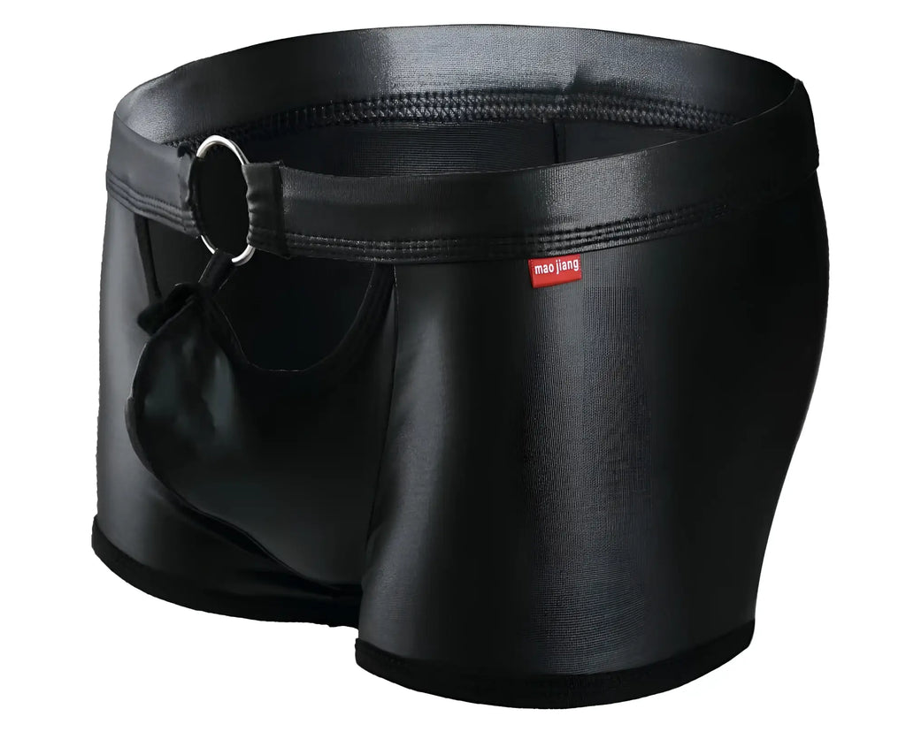 Black shiny faux leather briefs with a ring detail on the waistband tartarus ring trunk product image