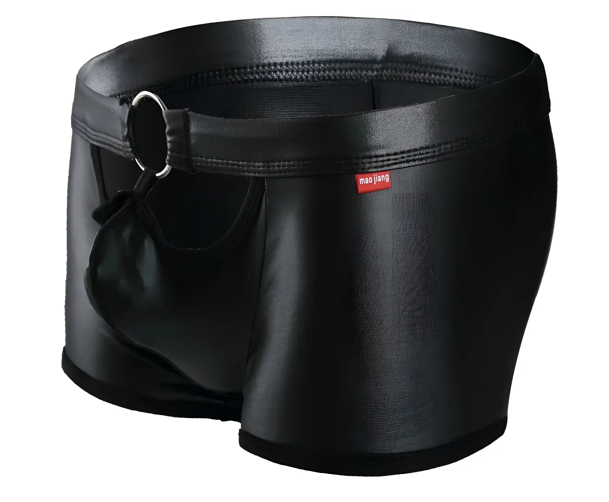 Black shiny faux leather briefs with a ring detail on the waistband tartarus ring trunk product image