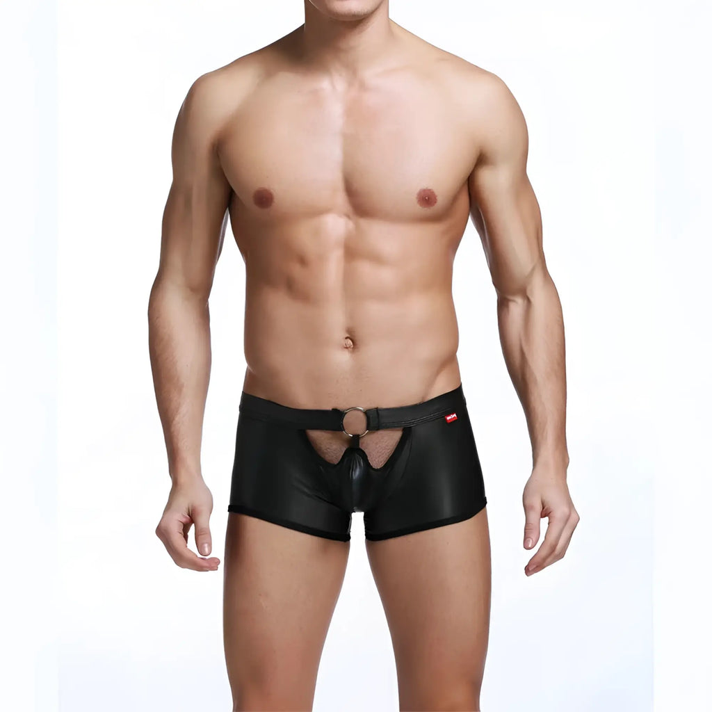 Black shiny faux leather men’s briefs tartarus ring trunk with central cutout and metal ring at waistband