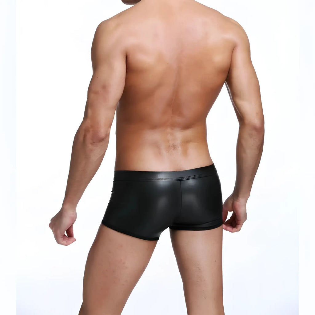 Black shiny faux leather tartarus ring trunk briefs with a sleek form-fitting design for stylish wear