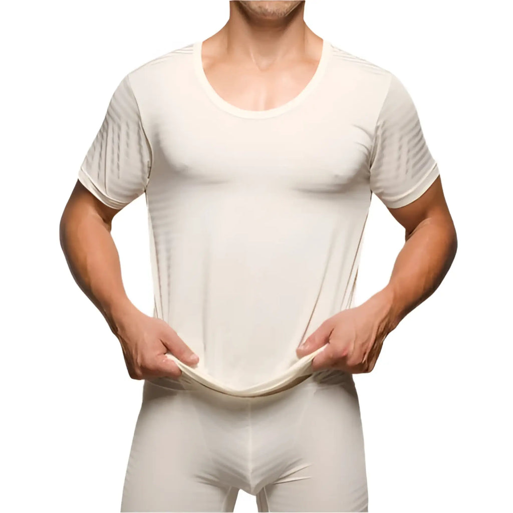 A sleek off-white seamless active nylon t-shirt with short sleeves and textured panels for athletic use