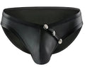Black leather-like men’s briefs tartarus side buttons brief with silver-toned snap buttons on the side