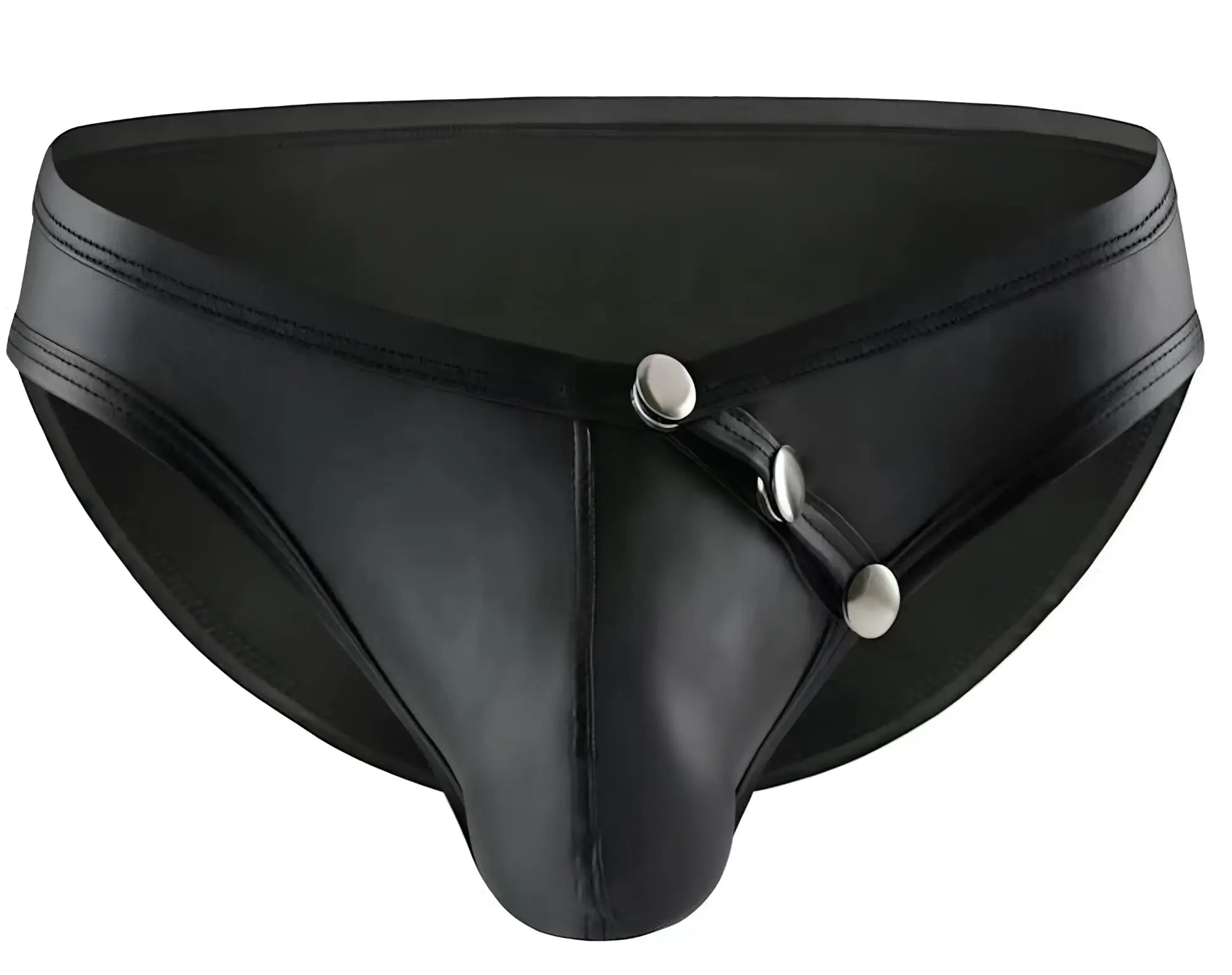 Black leather-like men’s briefs tartarus side buttons brief with silver-toned snap buttons on the side