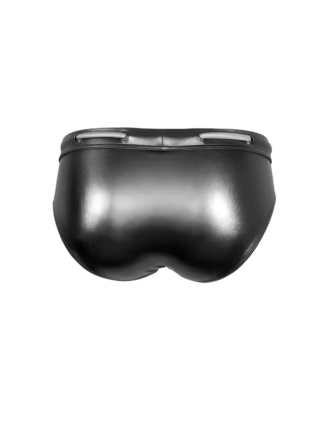 Black glossy faux leather briefs with silver metal accents on waistband tartarus side track metallic brief