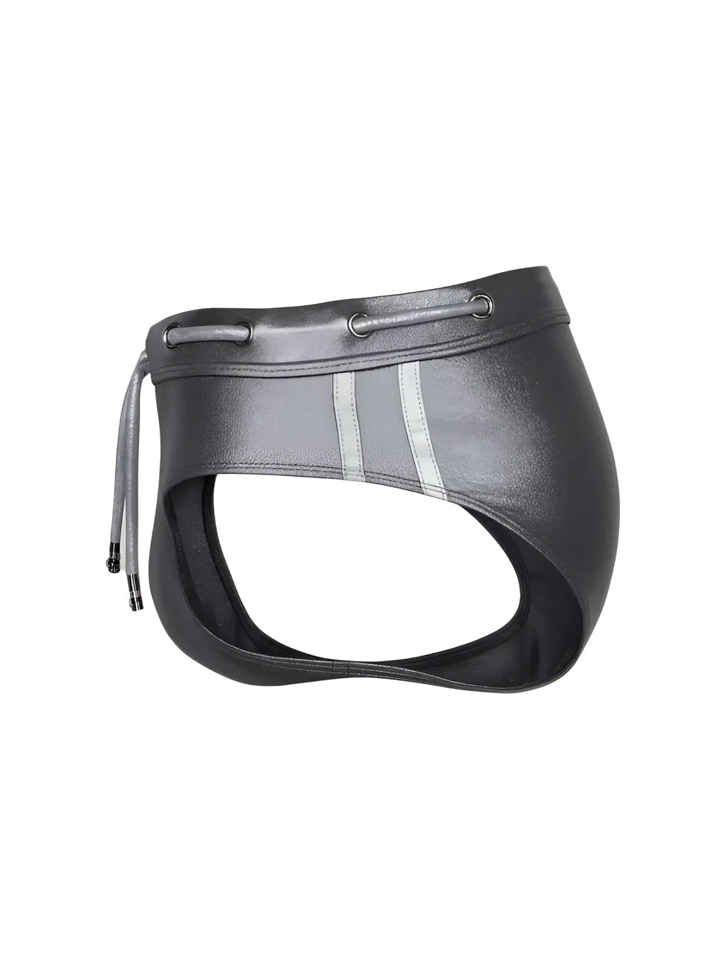 Black leather tartarus side track metallic briefs with silver reflective stripes and drawstring waistband