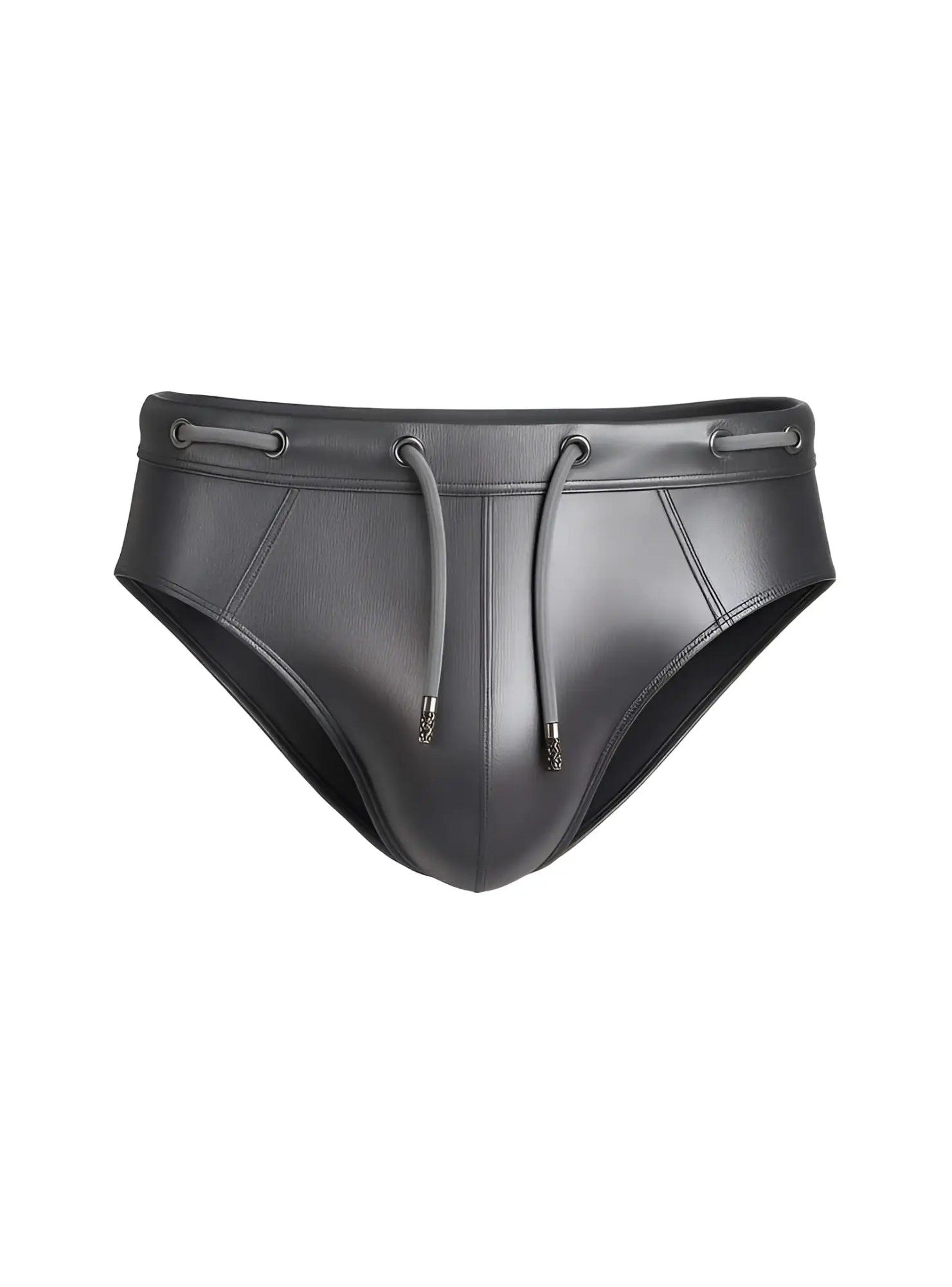 Black leather Tartarus Side Track Metallic Brief swim trunks with drawstring waistband and metallic aglets