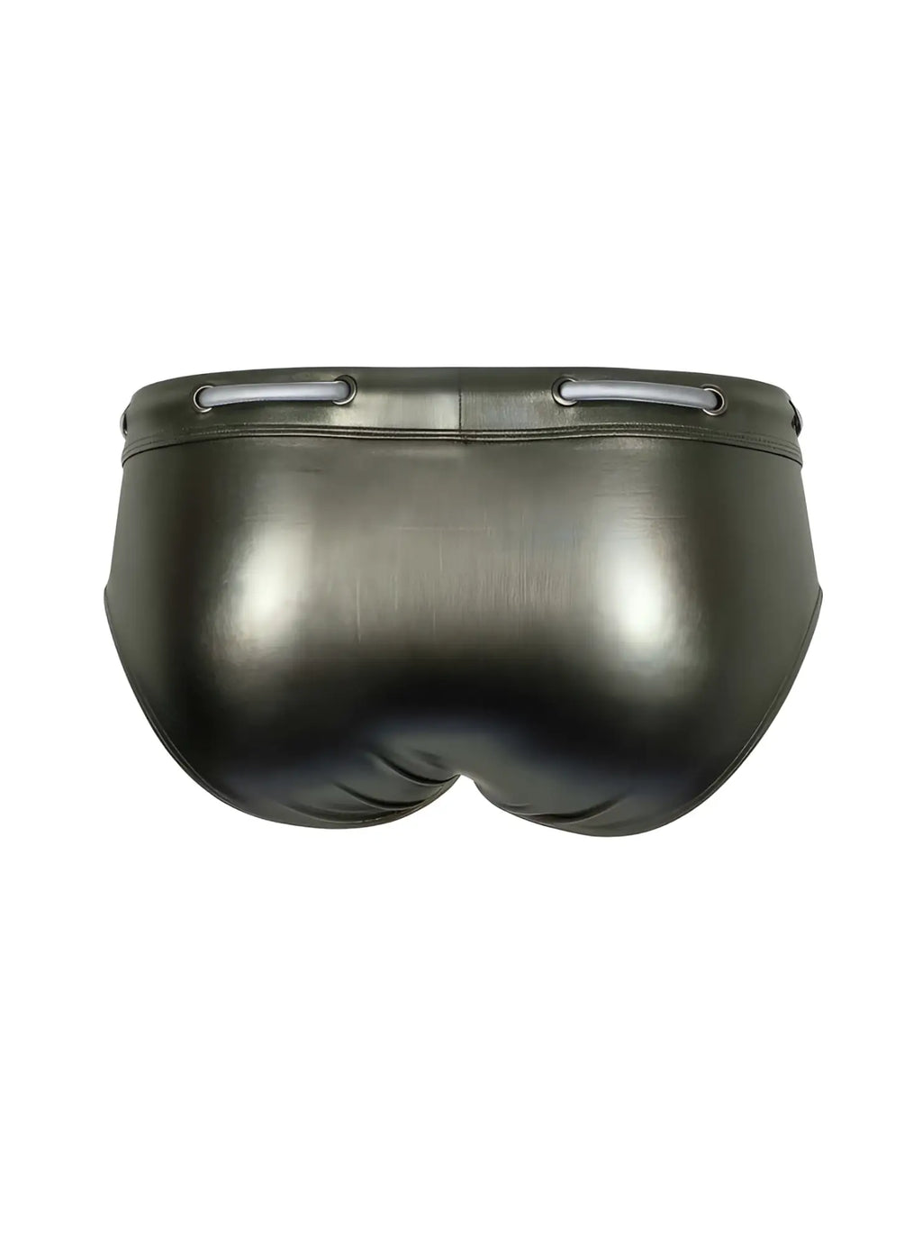 Black shiny faux leather swim trunks with silver toned metal eyelets at the waistband tartarus side track metallic brief